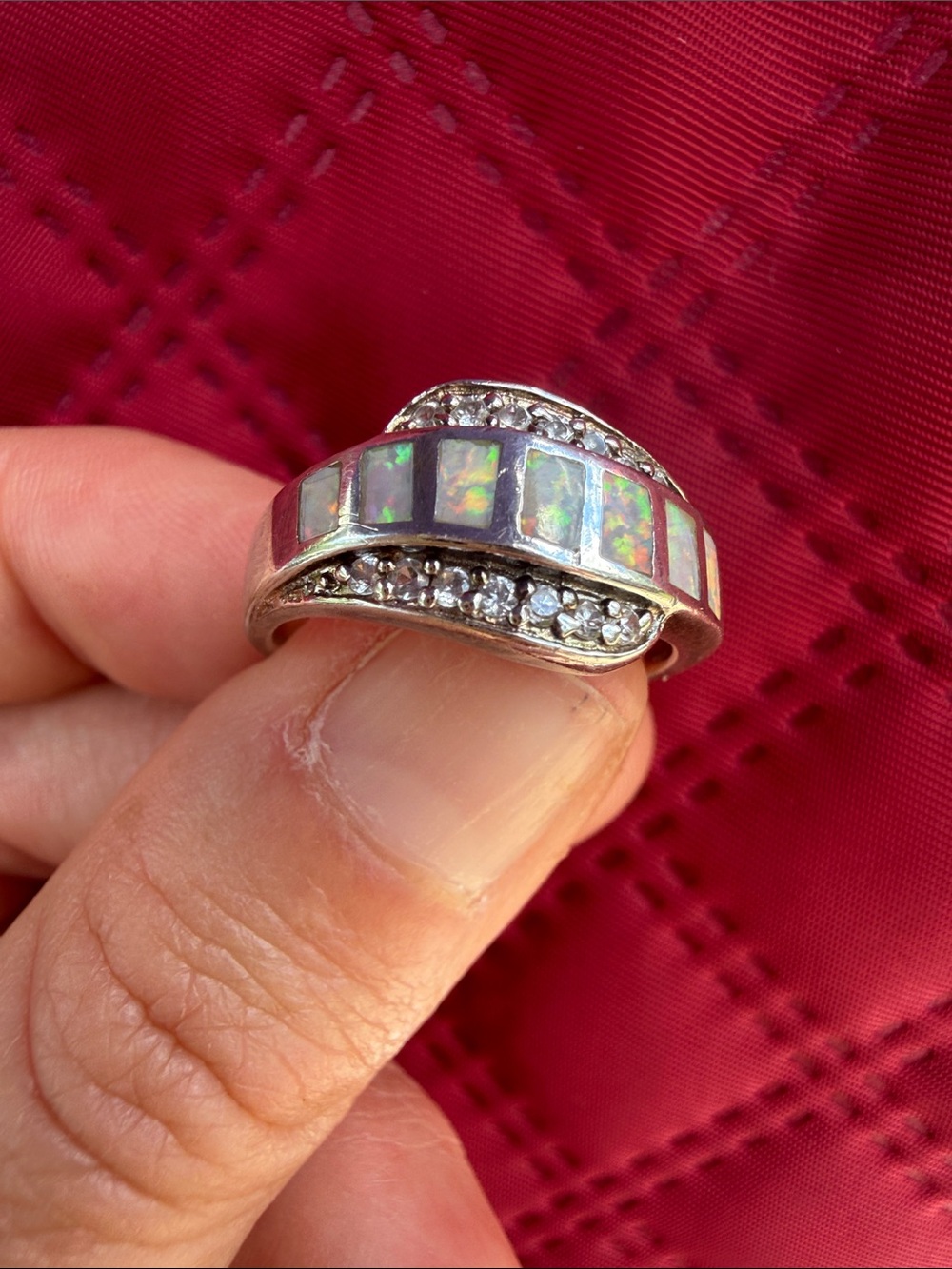 Sterling Opal Inlay & Cubic Zirconia Band Ring - Iridescent Opal